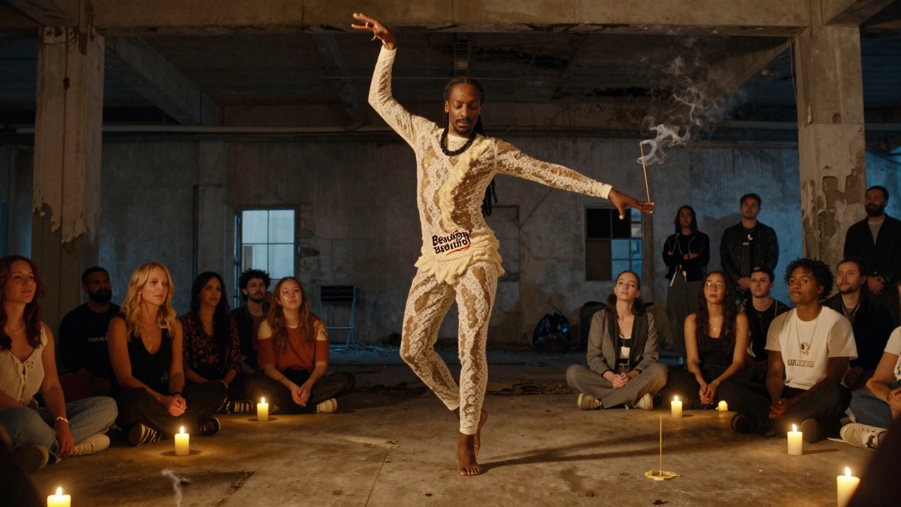 A dancer frozen in silence as the last note of Snoop Dogg&#039;s song fades, candlelight illuminating a reverent audience.