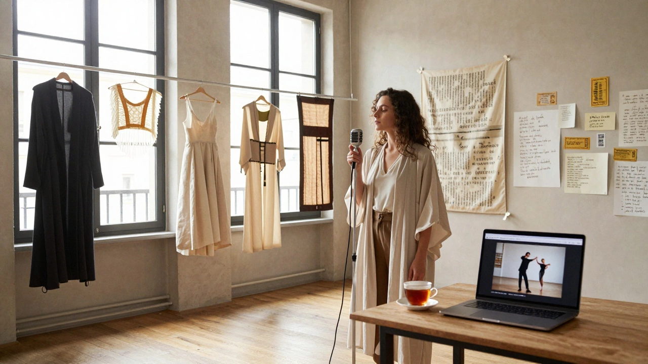 A performance artist in a sunlit Paris loft, surrounded by handmade costumes and notes, preparing for an intimate show.