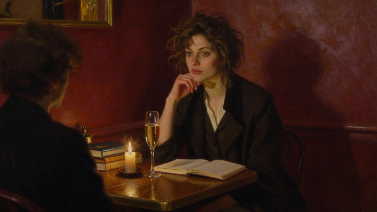 A woman sits in a Parisian café, lost in thought, champagne glass beside open books, candlelight casting soft shadows.