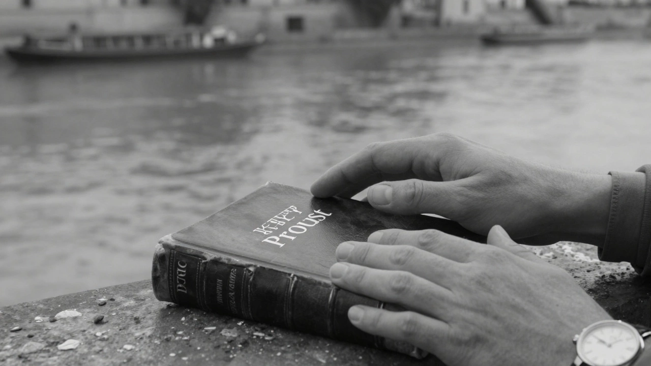 Two hands rest on a worn copy of Proust, symbolizing quiet intimacy and emotional depth without faces shown.
